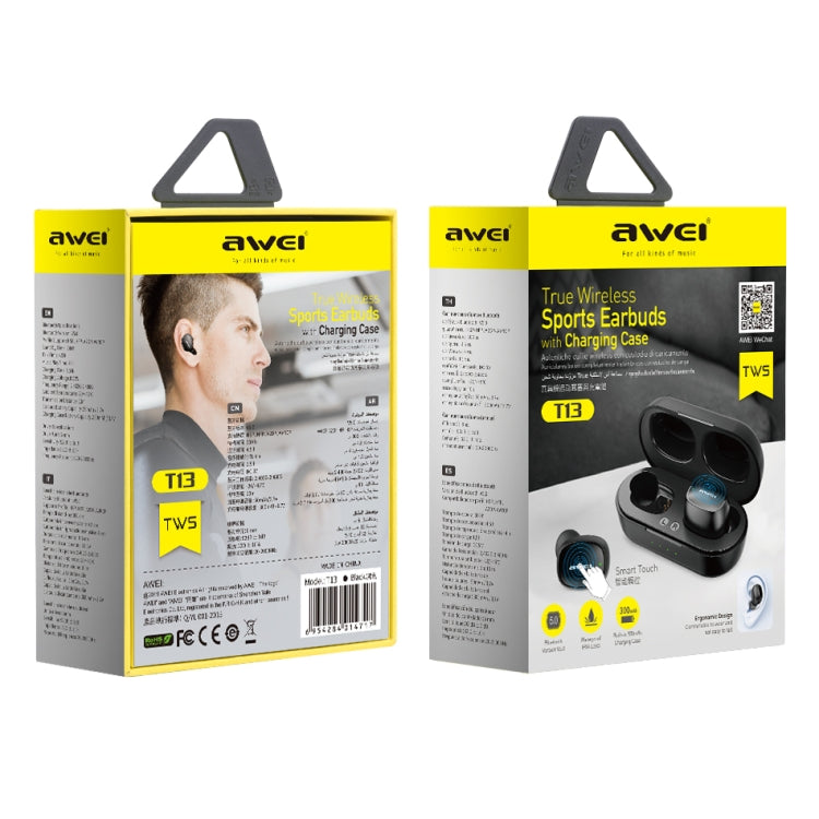 awei T13 TWS หูฟังบลูทูธ V5.0 ไร้สายแท้สำหรับกีฬา พร้อมกล่องชาร์จ