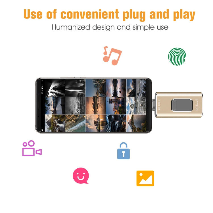 Richwell แฟลชไดรฟ์โลหะ 3 in 1 16G Type-C + 8 พิน + USB 3.0 แบบดัน-ดึง พร้อมฟังก์ชัน OTG