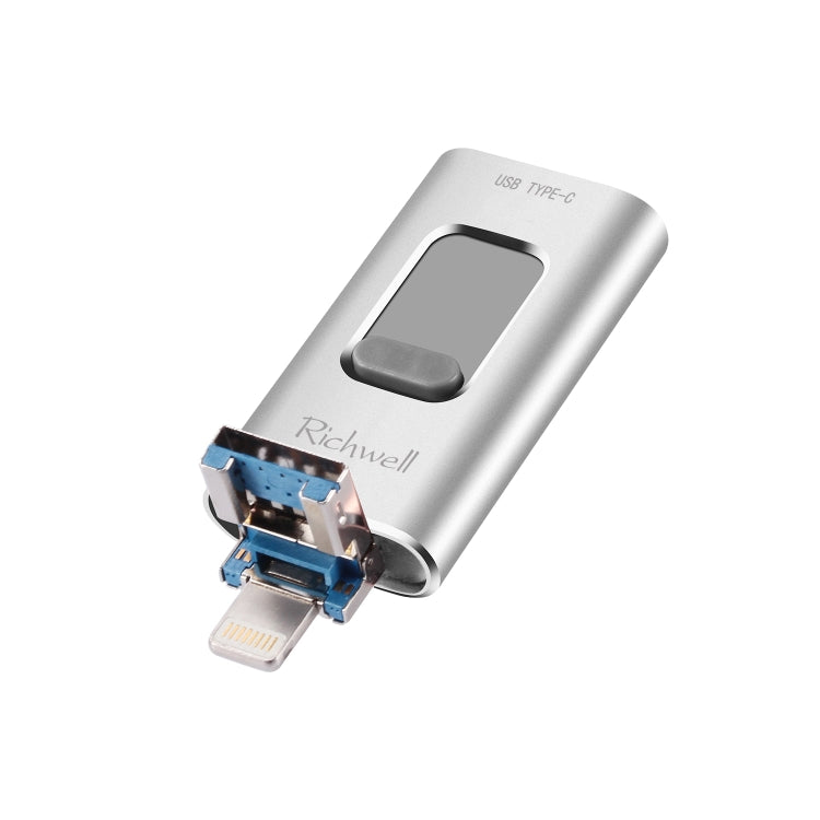 Richwell แฟลชไดรฟ์โลหะ 3 in 1 16G Type-C + 8 พิน + USB 3.0 แบบดัน-ดึง พร้อมฟังก์ชัน OTG