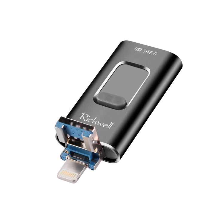 Richwell แฟลชไดรฟ์โลหะ 3 in 1 64G Type-C + 8 พิน + USB 3.0 พร้อมฟังก์ชัน OTG แบบดัน-ดึง