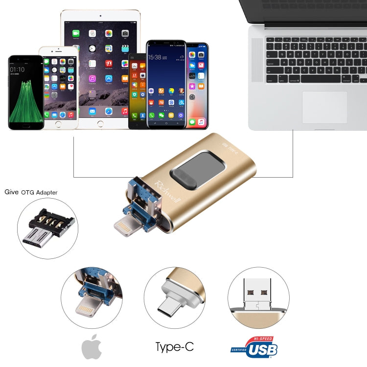 Richwell แฟลชไดรฟ์โลหะ 3 in 1 64G Type-C + 8 พิน + USB 3.0 พร้อมฟังก์ชัน OTG แบบดัน-ดึง