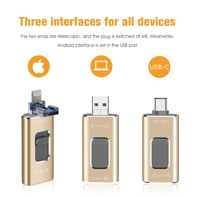 Richwell แฟลชไดรฟ์โลหะ 3 in 1 64G Type-C + 8 พิน + USB 3.0 พร้อมฟังก์ชัน OTG แบบดัน-ดึง