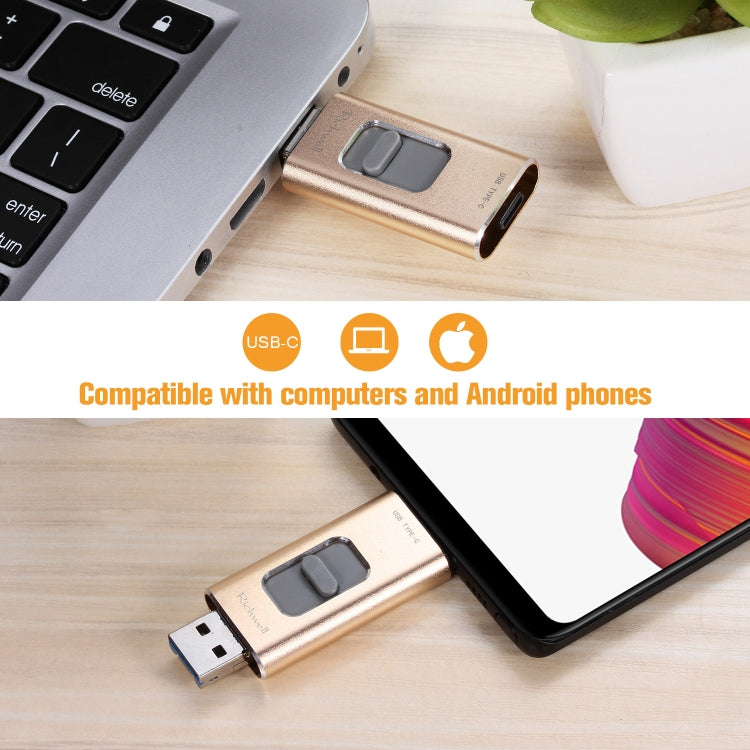 Richwell แฟลชไดรฟ์โลหะ 3 in 1 128G Type-C + 8 พิน + USB 3.0 แบบดัน-ดึง พร้อมฟังก์ชัน OTG