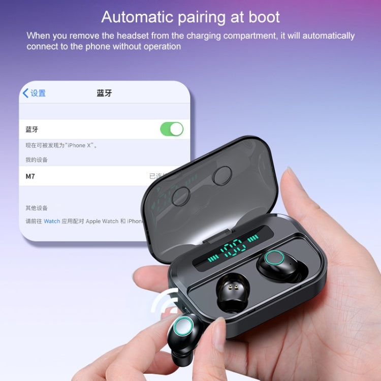 M7 TWS V5.0 หูฟังบลูทูธสเตอริโอไร้สายสองข้างพร้อมกล่องชาร์จและจอดิจิทัล