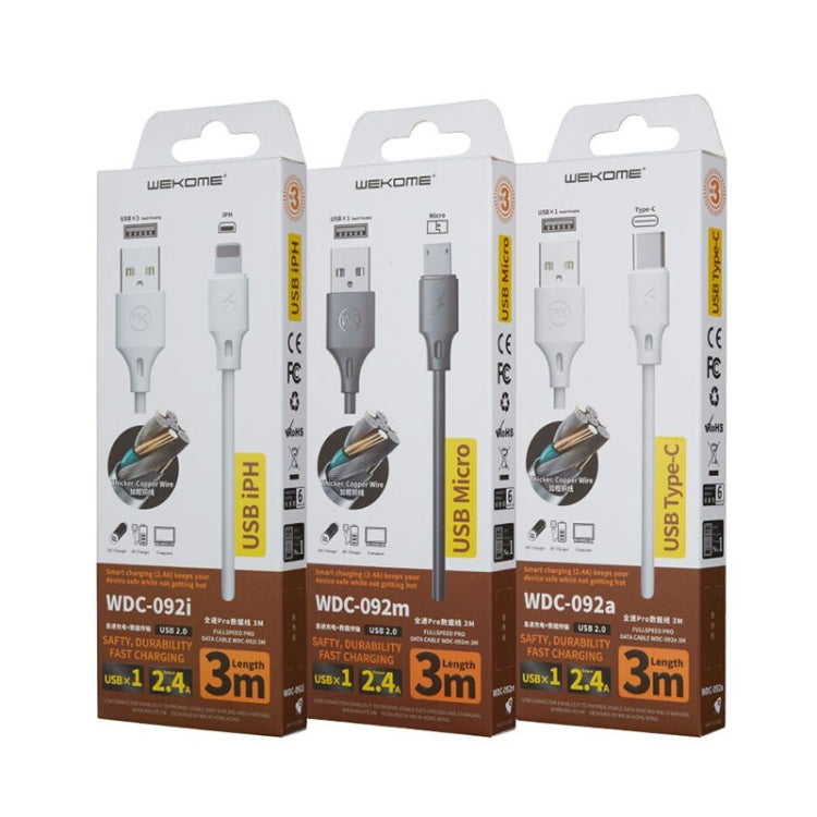 WK WDC-092 สายชาร์จซิงค์ข้อมูล USB เป็น 8 Pin ความยาว 3m 2.4A Max Output Full Speed Pro Series, 3m 8 Pin