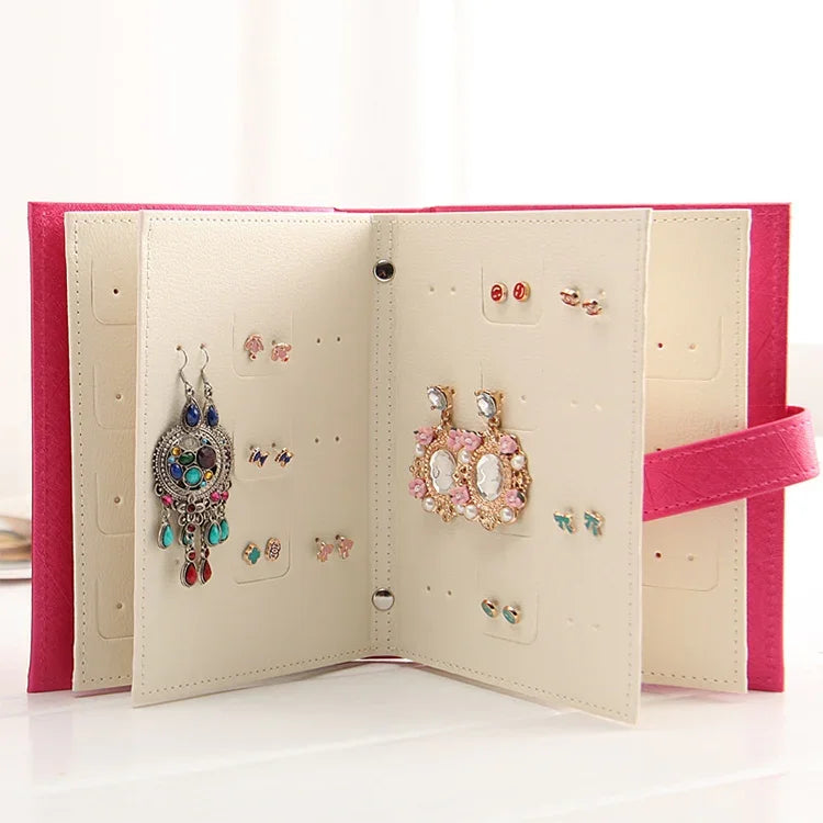 ชั้นวางแสดงต่างหูแบบพกพารูปหนังสือ กล่องเก็บเครื่องประดับ