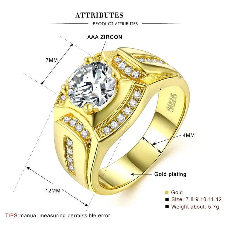 แหวนเพชรผู้ชายสไตล์นักธุรกิจแฟชั่น ชุบทองขาว 18K + ซิริคอน AAA ขนาด: 8, เส้นผ่านศูนย์กลาง: 18.1 มม., เส้นรอบวง: 57 มม., เส้นผ่านศูนย์กลาง: 18.1 มม.