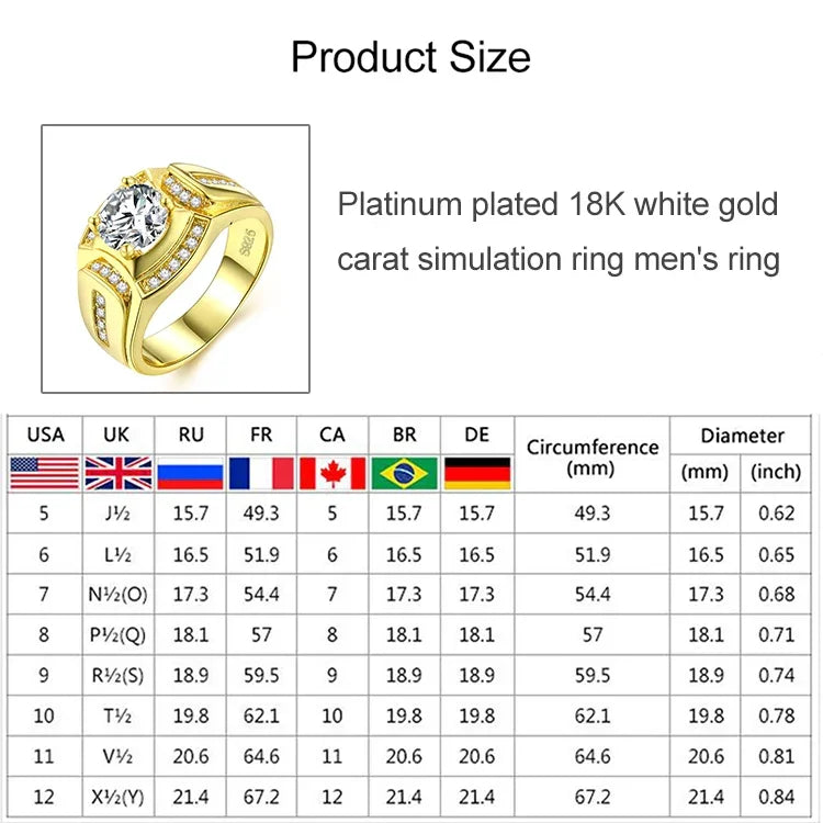 แหวนเพชรผู้ชายสไตล์นักธุรกิจแฟชั่น ชุบทองขาว 18K + ซิริคอน AAA ขนาด: 12, เส้นผ่านศูนย์กลาง: 21.4 มม., เส้นรอบวง: 67.2 มม., เส้นผ่านศูนย์กลาง: 21.4 มม.