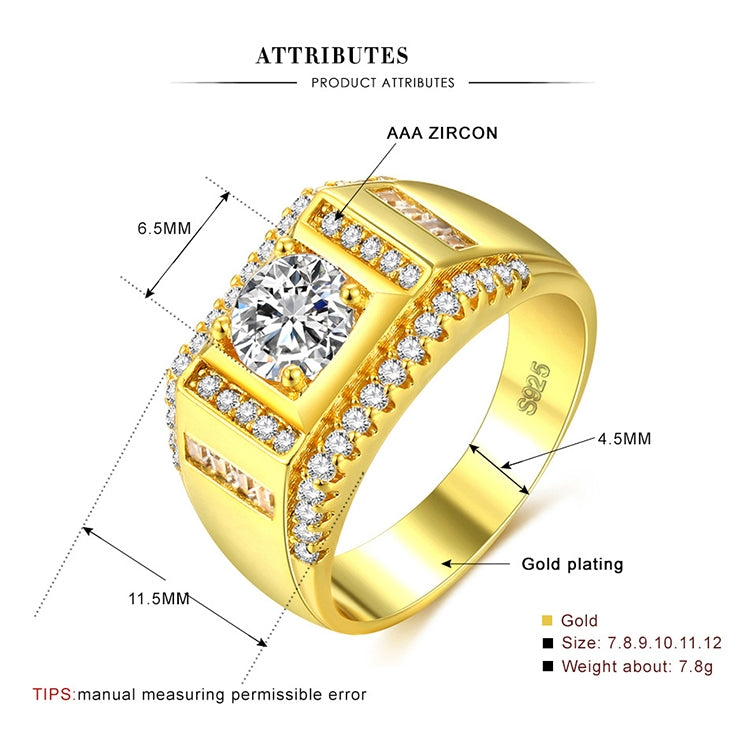 แหวนเพชรผู้ชายสไตล์แฟชั่นใหม่ ชุบทอง ประดับด้วยเพชรสังเคราะห์ AAA ขนาด 12 เส้นผ่านศูนย์กลาง 21.4 มม. เส้นรอบวง 67.2 มม.