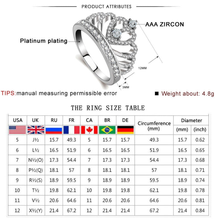 แหวนเพชรสังเคราะห์รูปมงกุฎเจ้าหญิงเคลือบทองคำขาว ขนาด US: 6, เส้นผ่านศูนย์กลาง: 16.5 มม., เส้นรอบวง: 51.9 มม., 6