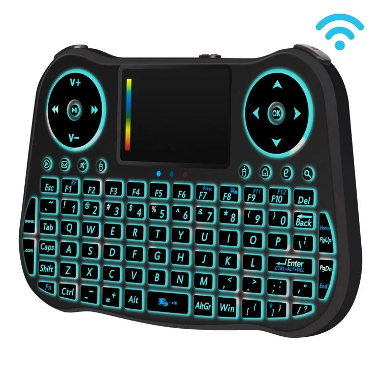 คีย์บอร์ดไร้สาย MT08 2.4GHz Mini Air Mouse QWERTY พร้อมไฟแบ็คไลท์สีสันสดใส ทัชแพด และควบคุมมัลติมีเดีย สำหรับ PC, TV, MT08