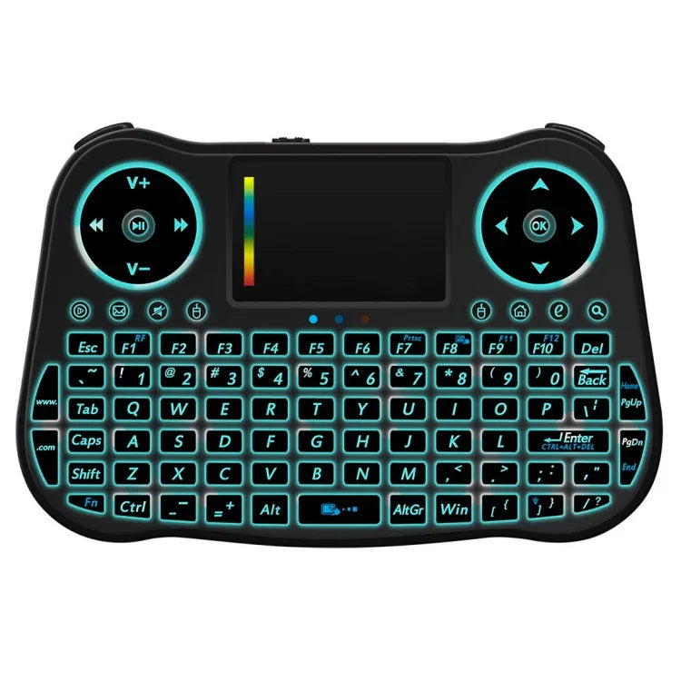 คีย์บอร์ดไร้สาย MT08 2.4GHz Mini Air Mouse QWERTY พร้อมไฟแบ็คไลท์สีสันสดใส ทัชแพด และควบคุมมัลติมีเดีย สำหรับ PC, TV, MT08