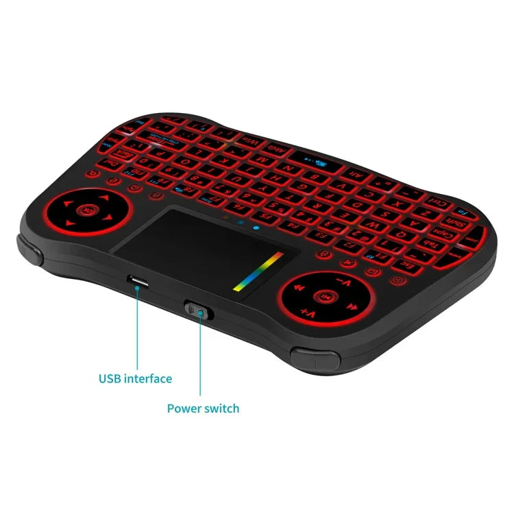 คีย์บอร์ดไร้สาย MT08 2.4GHz Mini Air Mouse QWERTY พร้อมไฟแบ็คไลท์สีสันสดใส ทัชแพด และควบคุมมัลติมีเดีย สำหรับ PC, TV, MT08