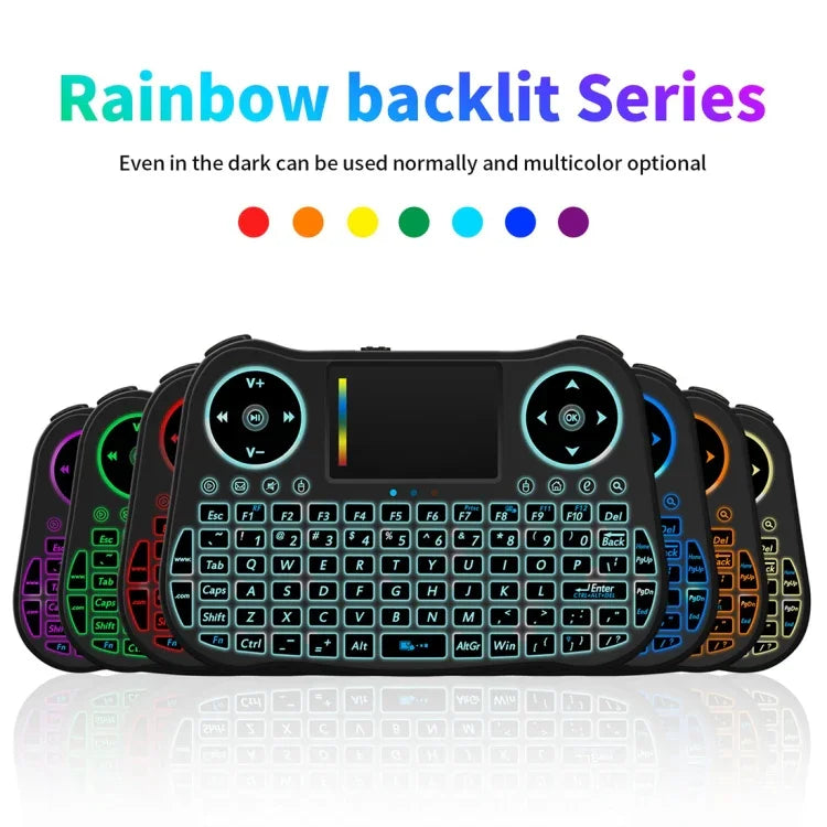 คีย์บอร์ดไร้สาย MT08 2.4GHz Mini Air Mouse QWERTY พร้อมไฟแบ็คไลท์สีสันสดใส ทัชแพด และควบคุมมัลติมีเดีย สำหรับ PC, TV, MT08