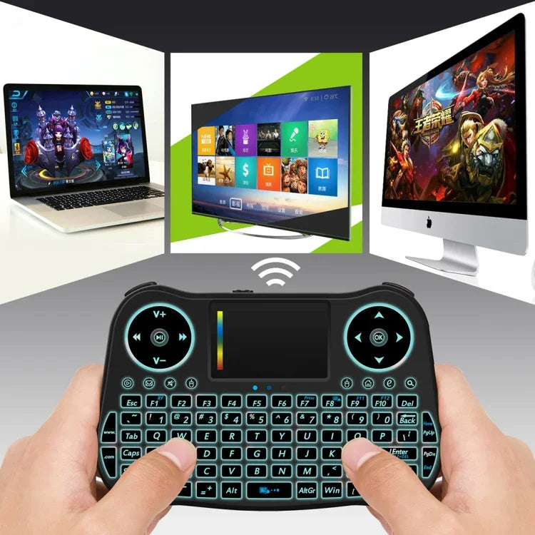 คีย์บอร์ดไร้สาย MT08 2.4GHz Mini Air Mouse QWERTY พร้อมไฟแบ็คไลท์สีสันสดใส ทัชแพด และควบคุมมัลติมีเดีย สำหรับ PC, TV, MT08