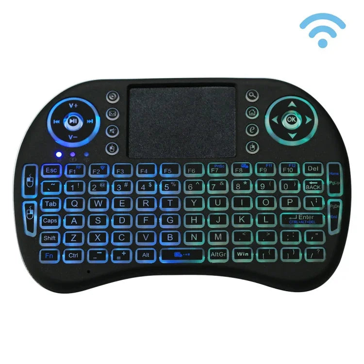 คีย์บอร์ดไร้สาย QWERTY Mini i8 2.4GHz พร้อมไฟแบ็คไลท์สีสันสดใส ทัชแพด และควบคุมมัลติมีเดีย สำหรับ PC, Android TV BOX, เครื่องเล่น X-BOX, สมาร์ทโฟน, เปลี่ยนไฟแบ็คไลท์สีสันสดใส