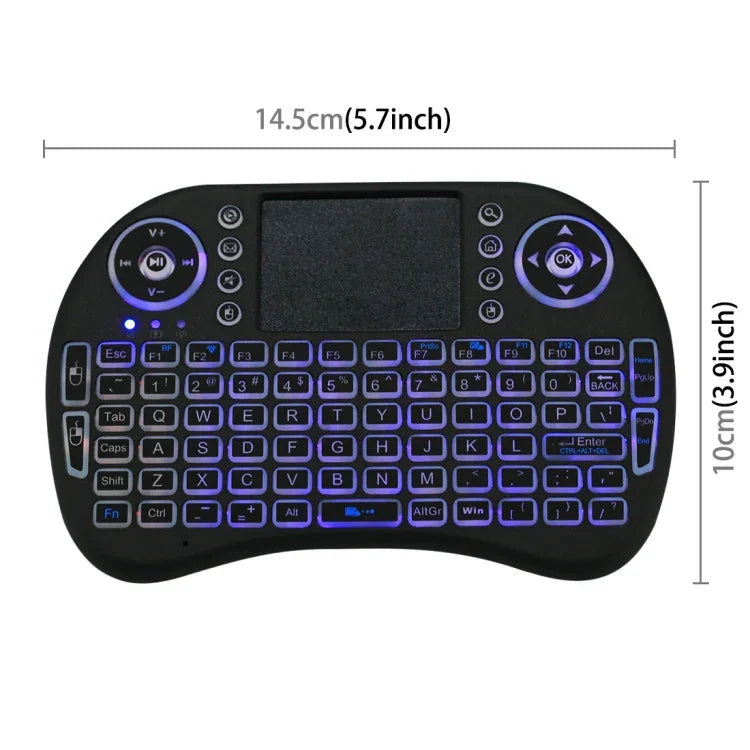 คีย์บอร์ดไร้สาย QWERTY Mini i8 2.4GHz พร้อมไฟแบ็คไลท์สีสันสดใส ทัชแพด และควบคุมมัลติมีเดีย สำหรับ PC, Android TV BOX, เครื่องเล่น X-BOX, สมาร์ทโฟน, เปลี่ยนไฟแบ็คไลท์สีสันสดใส