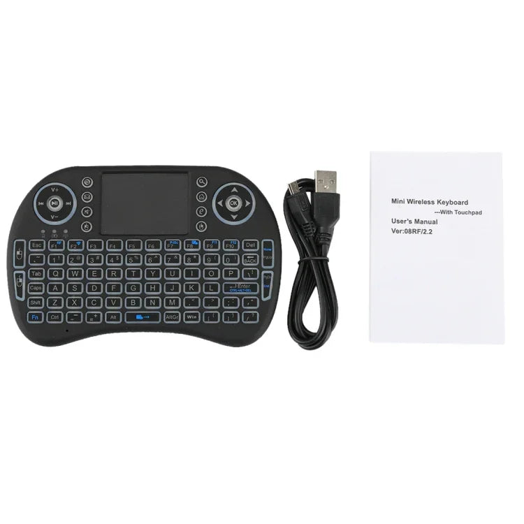 คีย์บอร์ดไร้สาย QWERTY Mini i8 2.4GHz พร้อมไฟแบ็คไลท์สีสันสดใส ทัชแพด และควบคุมมัลติมีเดีย สำหรับ PC, Android TV BOX, เครื่องเล่น X-BOX, สมาร์ทโฟน, เปลี่ยนไฟแบ็คไลท์สีสันสดใส