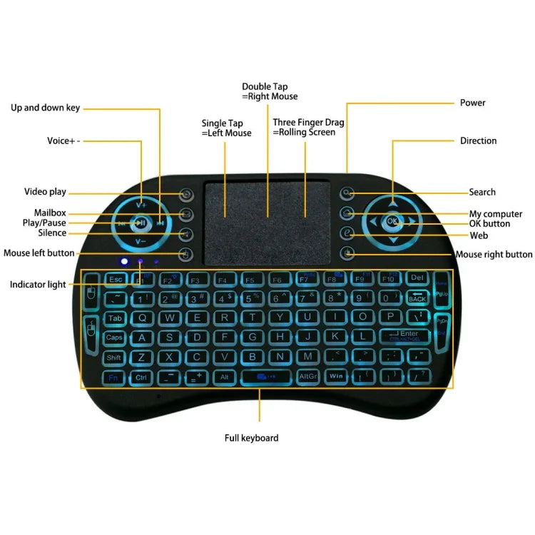 คีย์บอร์ดไร้สาย QWERTY Mini i8 2.4GHz พร้อมไฟแบ็คไลท์สีสันสดใส ทัชแพด และควบคุมมัลติมีเดีย สำหรับ PC, Android TV BOX, เครื่องเล่น X-BOX, สมาร์ทโฟน, เปลี่ยนไฟแบ็คไลท์สีสันสดใส