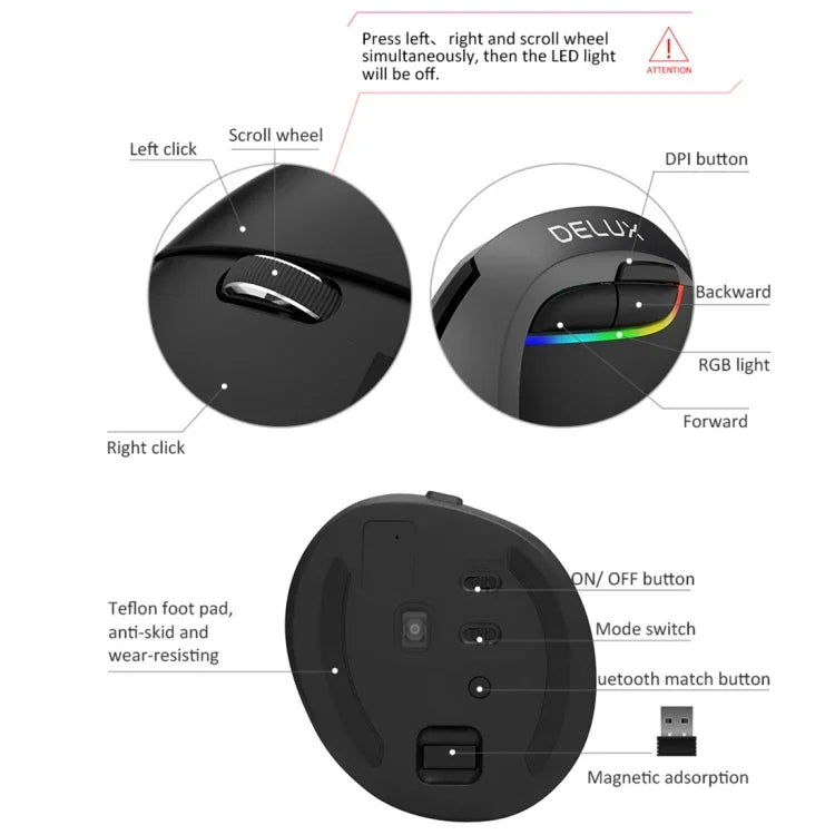 DELUX M618 เมาส์แนวตั้งไร้สาย 2.4G 2400DPI USB ชาร์จไฟได้ ดีไซน์ตามหลักสรีรศาสตร์ สีเทา M618