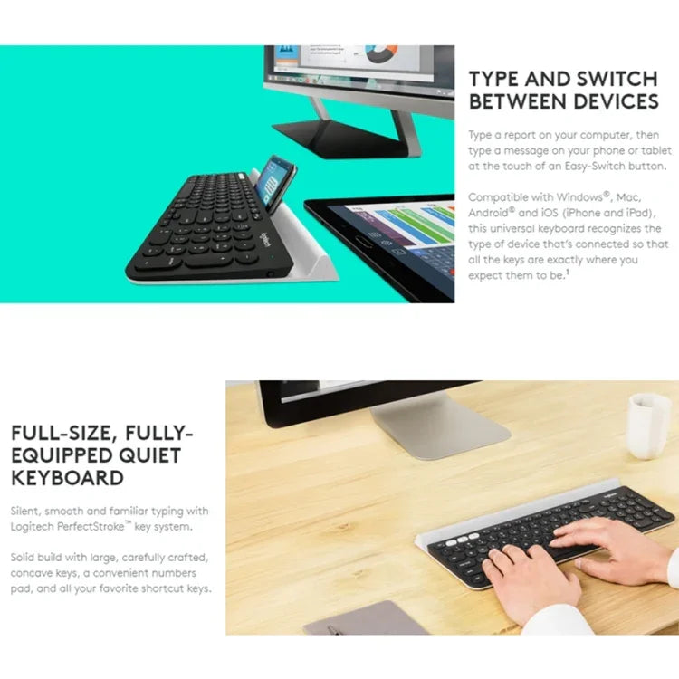 Logitech K780 คีย์บอร์ดไร้สาย Bluetooth + Unifying โหมดคู่ พร้อมขาตั้ง รองรับหลายอุปกรณ์