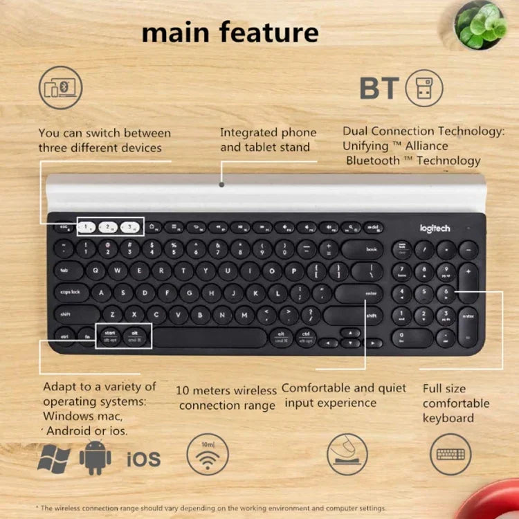 Logitech K780 คีย์บอร์ดไร้สาย Bluetooth + Unifying โหมดคู่ พร้อมขาตั้ง รองรับหลายอุปกรณ์
