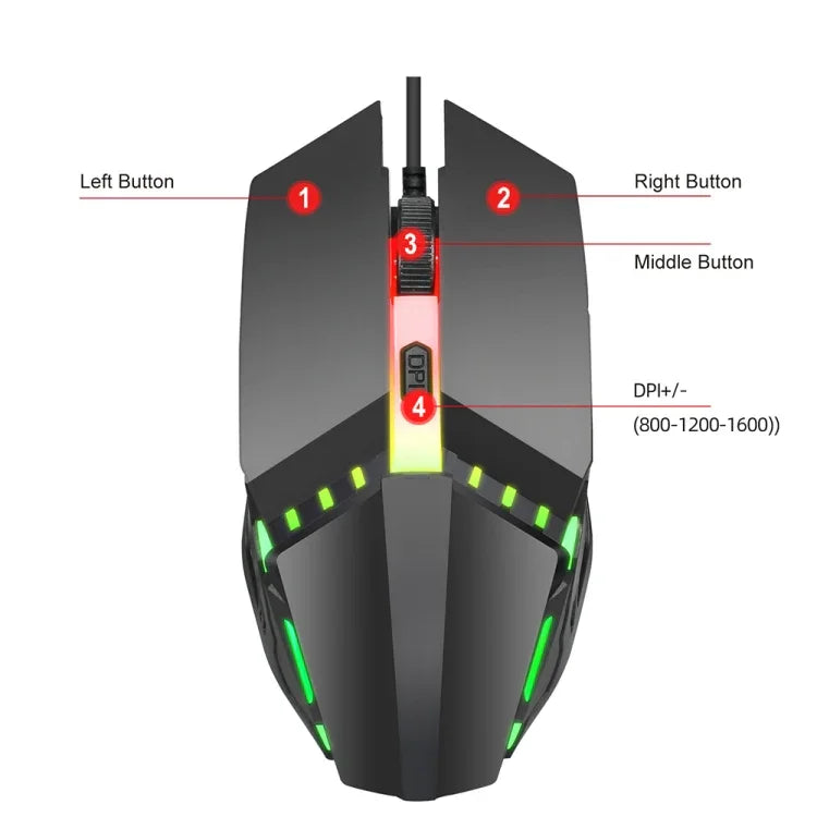 HXSJ S200 เมาส์เกมมิ่งมีสาย USB2.0 1600dpi ปรับได้ 4 ปุ่ม ไฟสีสันสดใส ความยาวสาย: 1.5m