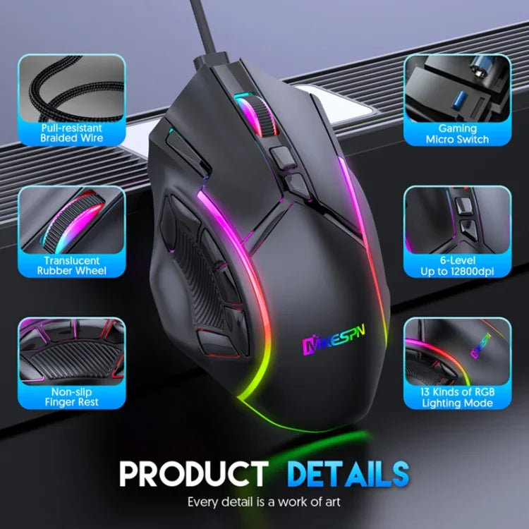 เมาส์มีสาย RGB ความเร็วเต็มที่ 12800DPI 12 ปุ่มแมโคร รุ่น MKESPN X15