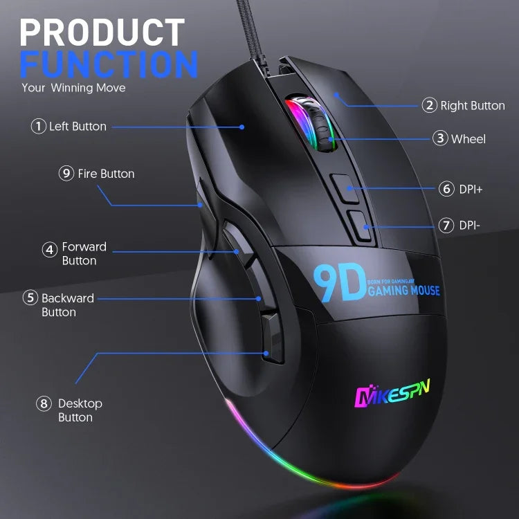 เมาส์เกมมิ่งมีสาย MKESPN X10 9 ปุ่ม RGB กำหนดมาโคร, กำหนดมาโคร