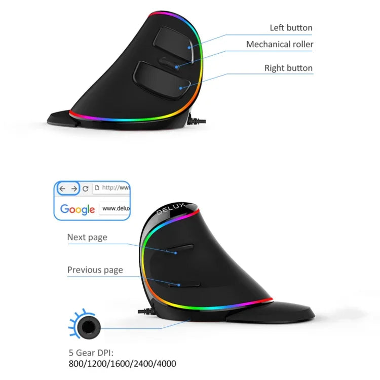 เมาส์ออปติคอลมีสาย DELUX M618 Plus RGB แบบยศาสตร์แนวตั้ง 4000DPI, 4000DPI มีสาย