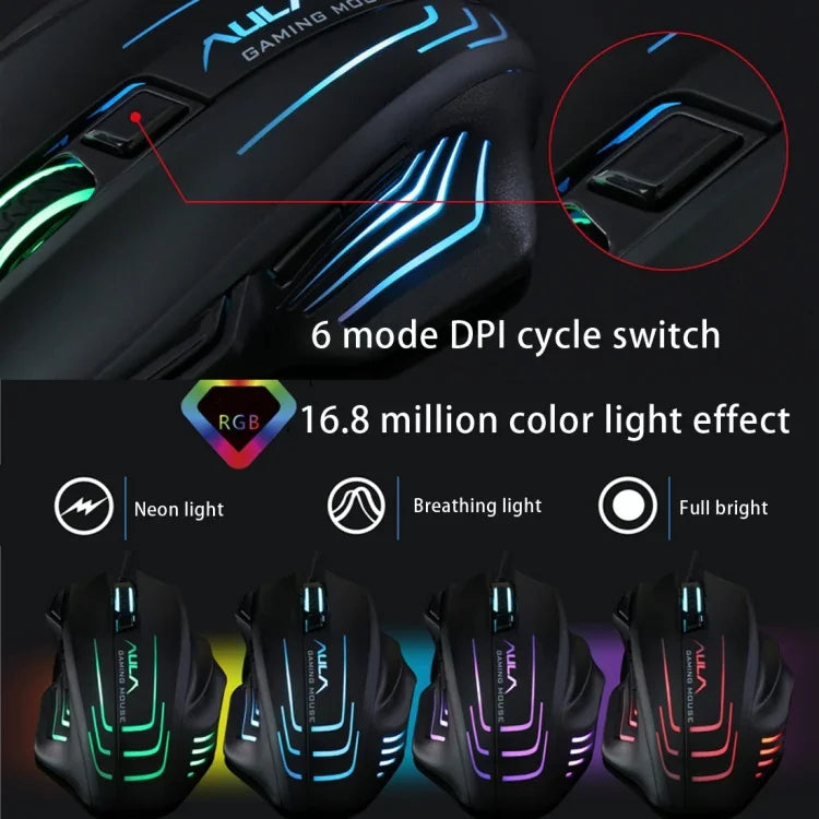 Aula Series Ghost Shark II เมาส์เกม USB แบบมีสายพร้อมไฟสีสัน 7D ความละเอียดสูงสุด 4000 DPI, Ghost Shark II(B)