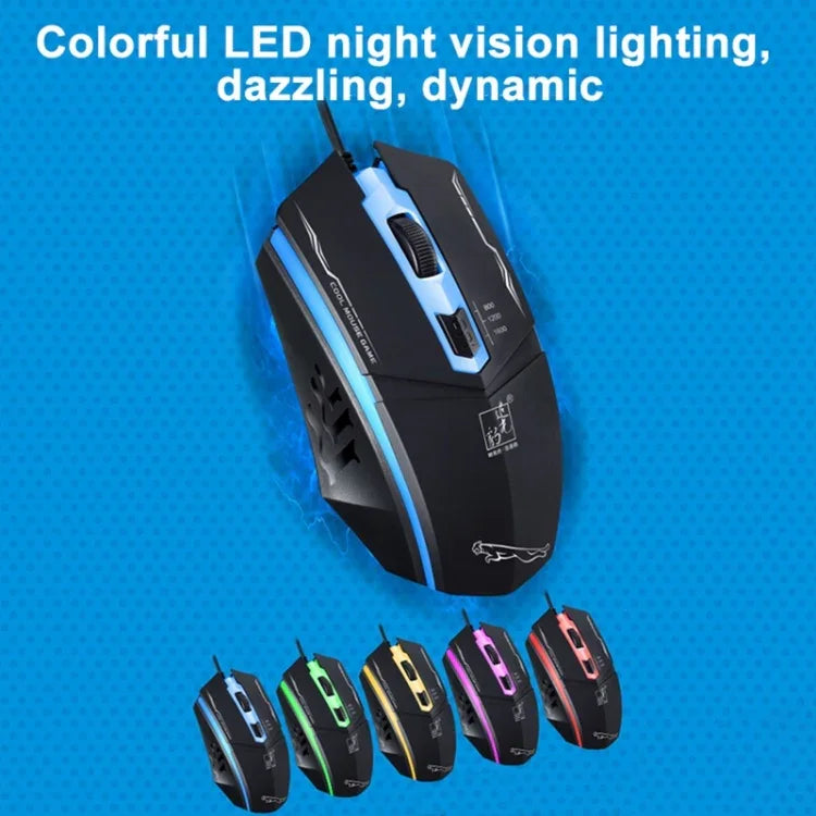 Chasing Leopard 199 เมาส์เกมออปติคอล USB แบบมีสาย ความละเอียด 1600 DPI ปรับได้ 3 ระดับ พร้อมไฟ LED หลัง ความยาวสาย: 1.3 ม., 199 สีดำ, 199