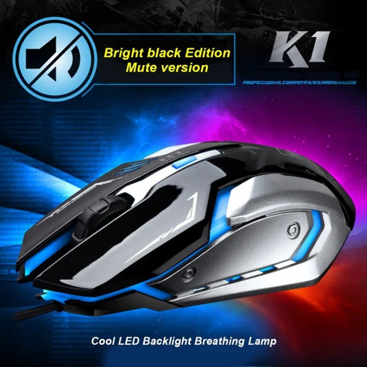 Chasing Leopard K1 เมาส์เกมออปติคอล USB แบบมีสาย ความละเอียด 1600 DPI ปรับได้ 3 ระดับ พร้อมไฟ LED หลังและโหมดเงียบ ความยาวสาย: 1.3 ม.