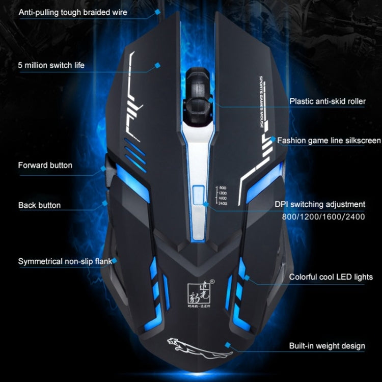 Chasing Leopard V17 เมาส์เกมออปติคอล USB แบบมีสาย ความละเอียด 2400 DPI ปรับได้ 4 ระดับ พร้อมไฟ LED แบบหายใจ ความยาวสาย: 1.45 ม., V17, V17 สีดำเจ็ท