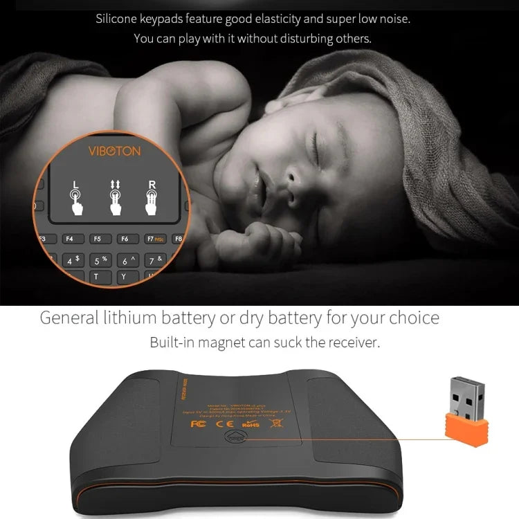 คีย์บอร์ดไร้สาย VIBOTON i8 Plus 2.4GHz QWERT อัปเดต พร้อมทัชแพด สำหรับ TV Box, Mi Box, คอมพิวเตอร์, แท็บเล็ต, แล็ปท็อป และโปรเจคเตอร์ (สีดำ), คีย์บอร์ดไร้สาย