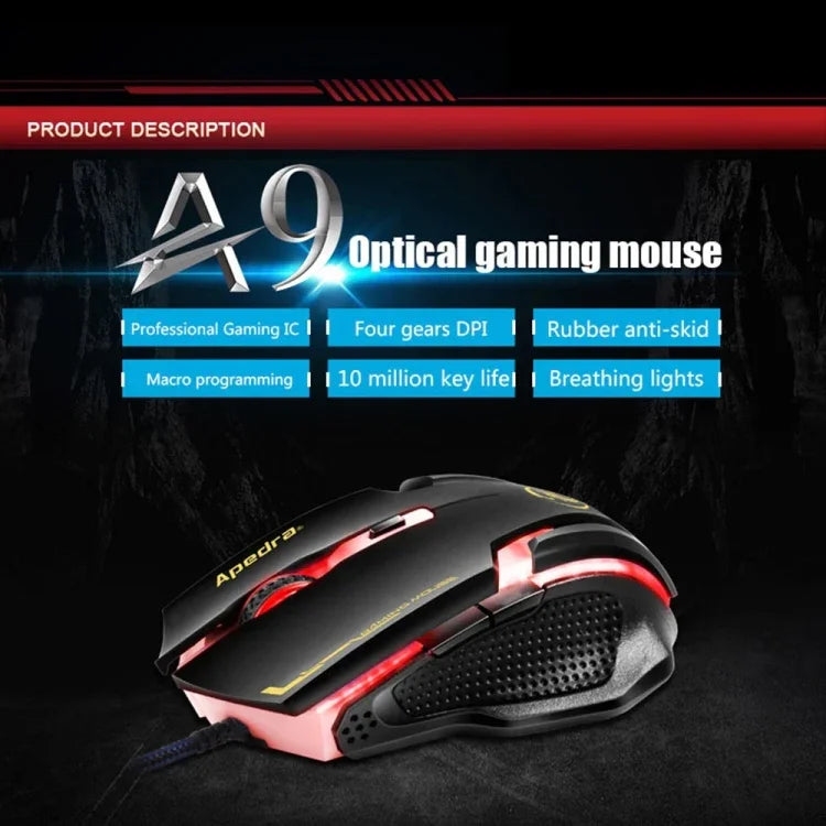 เมาส์เกมมิ่ง Apedra iMICE A9 ความแม่นยำสูง ไฟ LED หายใจควบคุมสีสี่สี USB 6 ปุ่ม 3200 DPI เมาส์เกมมิ่งแบบมีสายสำหรับคอมพิวเตอร์ PC แล็ปท็อป, iMICE A9