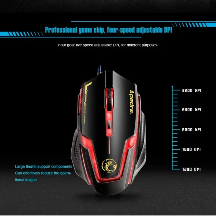 เมาส์เกมมิ่ง Apedra iMICE A9 ความแม่นยำสูง ไฟ LED หายใจควบคุมสีสี่สี USB 6 ปุ่ม 3200 DPI เมาส์เกมมิ่งแบบมีสายสำหรับคอมพิวเตอร์ PC แล็ปท็อป, iMICE A9