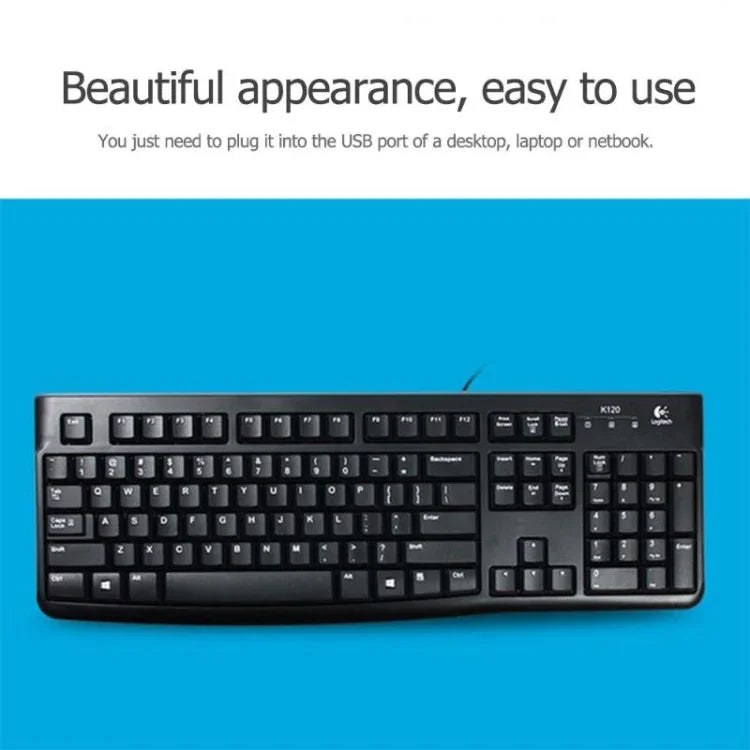 คีย์บอร์ดแบบมีสายกันน้ำกระเซ็น Logitech K120 USB สำหรับคอมพิวเตอร์ตั้งโต๊ะ/แล็ปท็อป, Logitech K120