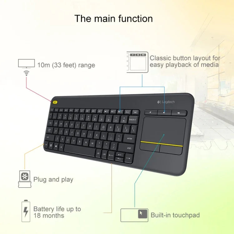 คีย์บอร์ดทัชคอนโทรลไร้สาย Logitech K400 Plus 2.4GHz ระยะไร้สาย: 10 เมตร, Logitech K400 Plus
