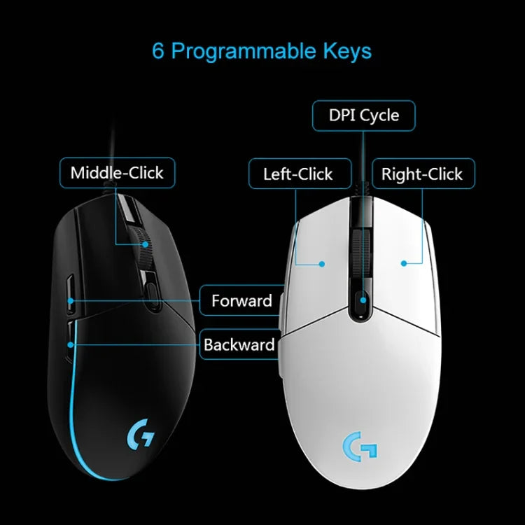 เมาส์เกมมิ่งออปติคอลแบบมีสาย Logitech G102 6 ปุ่ม ไฟ RGB 6000DPI ปรับความเร็วได้ 5 ระดับ ความยาวสาย: 2 เมตร, G102, G102 (สีขาว)