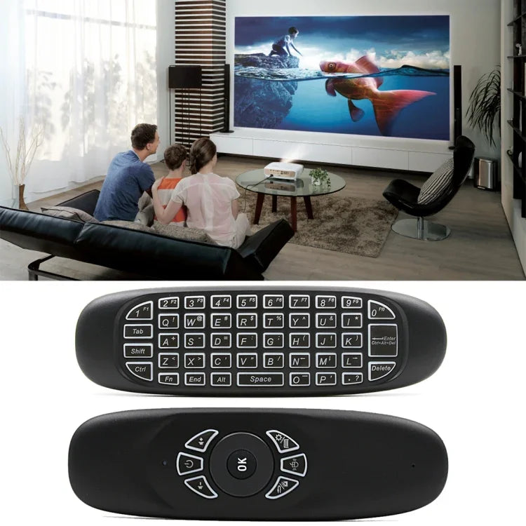 C120 เมาส์แอร์พร้อมแป้นพิมพ์ไร้สาย 2.4GHz พร้อมไฟแบ็คไลท์ ควบคุมระยะไกลแบบ 3D Gyroscope สำหรับ PC, Android TV Box / สมาร์ททีวี, อุปกรณ์เกม