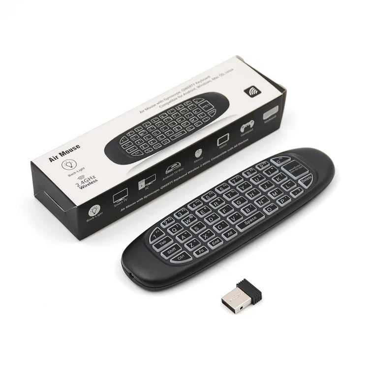 C120 เมาส์แอร์พร้อมแป้นพิมพ์ไร้สาย 2.4GHz พร้อมไฟแบ็คไลท์ ควบคุมระยะไกลแบบ 3D Gyroscope สำหรับ PC, Android TV Box / สมาร์ททีวี, อุปกรณ์เกม