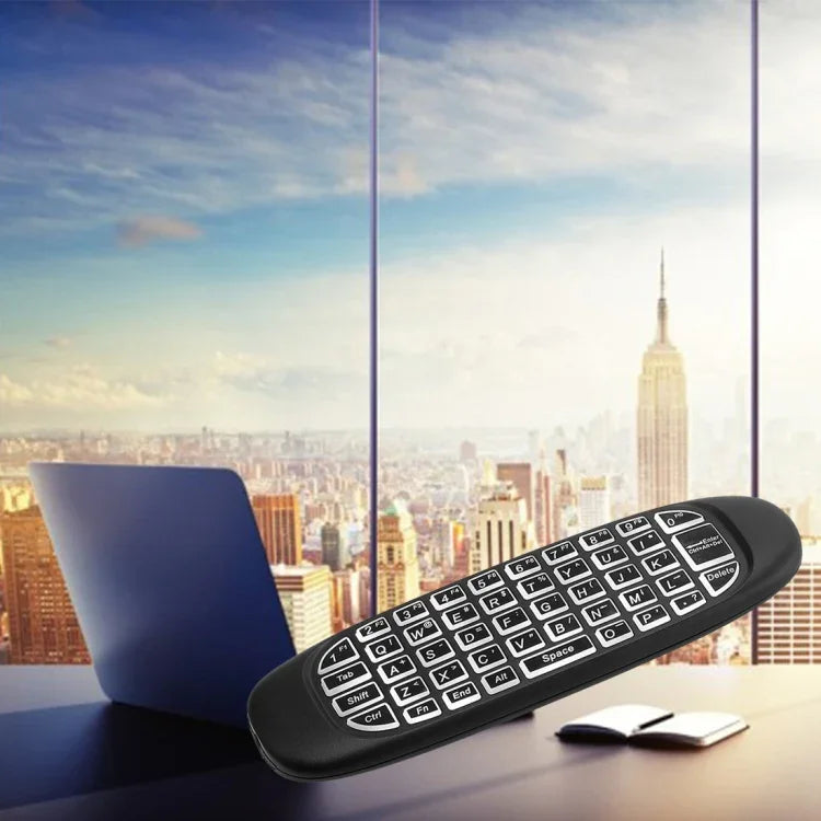 C120 เมาส์แอร์พร้อมแป้นพิมพ์ไร้สาย 2.4GHz พร้อมไฟแบ็คไลท์ ควบคุมระยะไกลแบบ 3D Gyroscope สำหรับ PC, Android TV Box / สมาร์ททีวี, อุปกรณ์เกม