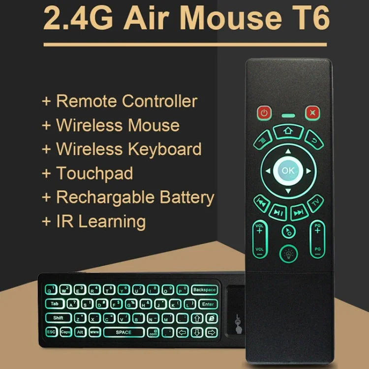 T6 เมาส์แอร์รุ่นไฟสีสันสดใส 2.4GHz พร้อมแป้นพิมพ์ไร้สาย ควบคุมระยะไกลพร้อมทัชแพดและการเรียนรู้ IR สำหรับ PC, Android TV Box / สมาร์ททีวี, อุปกรณ์มัลติมีเดีย รุ่น T6