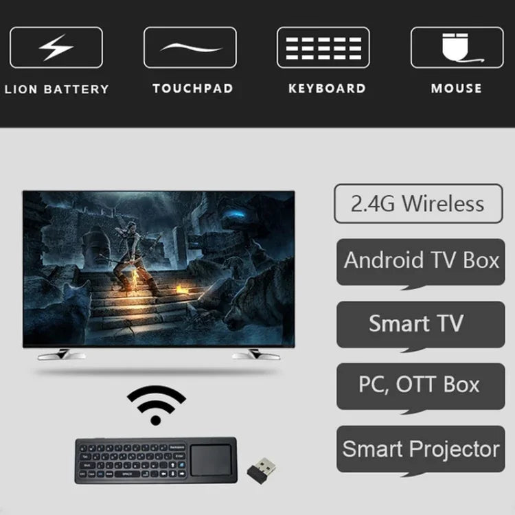 T6 เมาส์แอร์รุ่นไฟสีสันสดใส 2.4GHz พร้อมแป้นพิมพ์ไร้สาย ควบคุมระยะไกลพร้อมทัชแพดและการเรียนรู้ IR สำหรับ PC, Android TV Box / สมาร์ททีวี, อุปกรณ์มัลติมีเดีย รุ่น T6