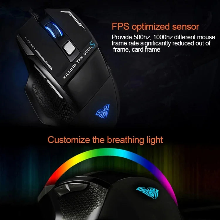 เมาส์เกมมีสาย USB AULA ซีรีส์ SoulKiller II ไฟสีสัน 7D ความละเอียดสูงสุด 3500 DPI, SoulKiller II(B)