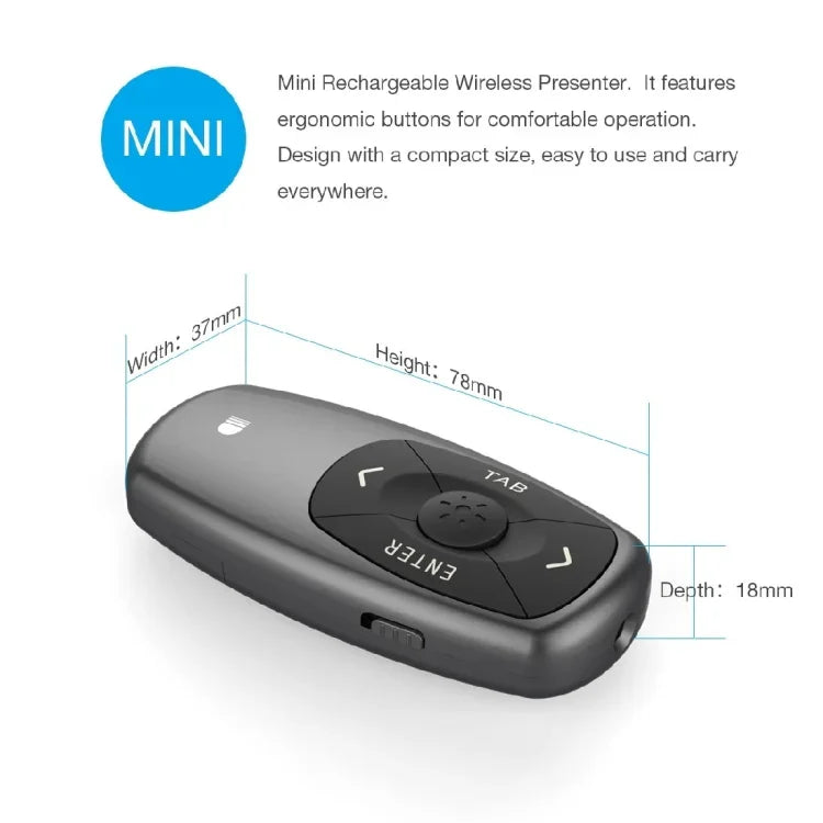 Doosl DSIT011 รีโมทควบคุมการนำเสนอ PowerPoint ขนาดเล็กชาร์จไฟได้ 2.4GHz ระยะควบคุม: 100m (สีดำ)