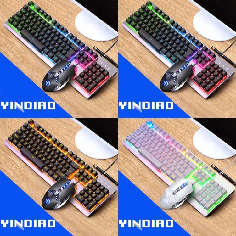 ชุดคีย์บอร์ดไฟ RGB พร้อมเมาส์ออปติคอลไร้เสียง YINDIAO K002 แบบมีสาย สัมผัสเหมือนเครื่องกล, ไฟ RGB / ไร้เสียง / สีดำ, ไฟ RGB / สีขาว