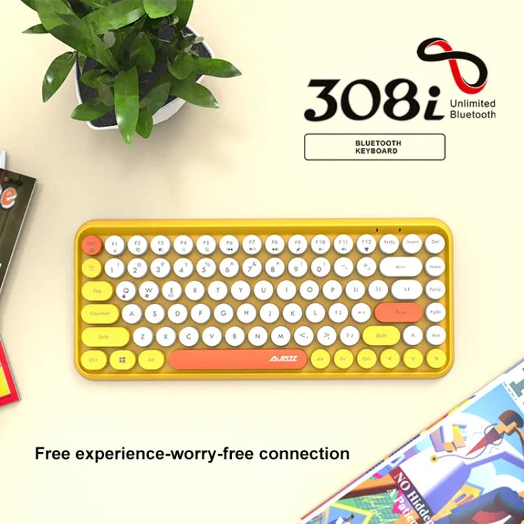 คีย์บอร์ดบลูทูธ 84 ปุ่ม Ajazz 308I สำหรับแท็บเล็ต โทรศัพท์มือถือ คอมพิวเตอร์ และสำนักงาน สีเหลือง