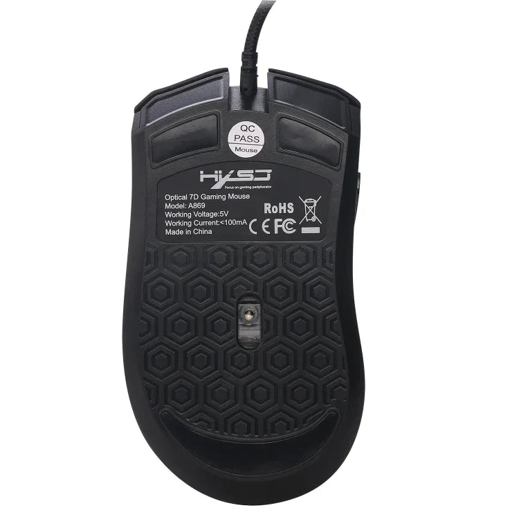 เมาส์เกมมีสาย HXSJ A869 ไฟสีสันสดใส 7 ปุ่ม ปรับความละเอียด 3200 DPI ดีไซน์ตามหลักสรีรศาสตร์, A869